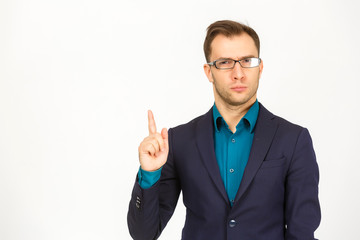 Man standing and presenting something above against white background