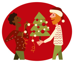Cute bright flat vector  illustration of two lgbt gay men boyfriends celebrating merry Christmas and happy new year with festive tree decorated with serpentine and glass balls and lights