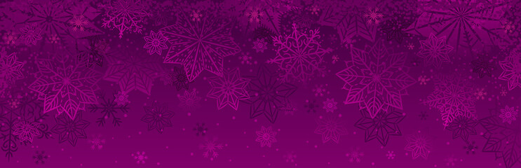 Naklejka na ściany i meble Purple christmas banner with snowflakes. Merry Christmas and Happy New Year greeting banner. Horizontal new year background, headers, posters, cards, website.Vector illustration