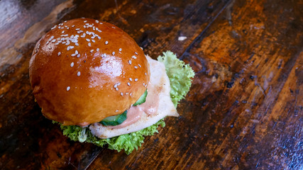 Meaty hamburger in a restaurant