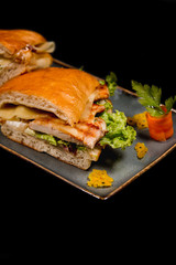Fresh sandwich with grilled chicken, cheese and vegetables