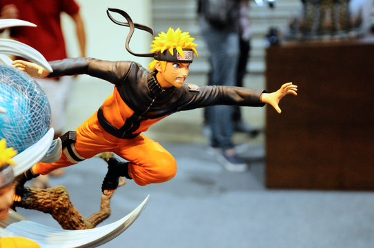 KUALA LUMPUR, MALAYSIA -APRIL 7, 2017: Selected focused on fictional character action figure from Japanese popular cartoon series NARUTO. Displayed by collector for public. 