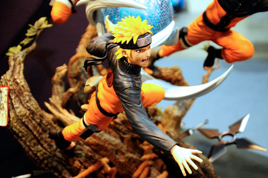 KUALA LUMPUR, MALAYSIA -APRIL 7, 2017: Selected focused on fictional character action figure from Japanese popular cartoon series NARUTO. Displayed by collector for public. 