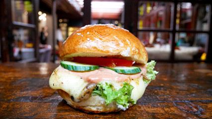 Meaty hamburger in a restaurant
