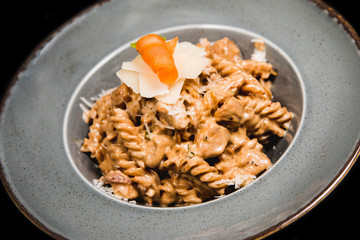 Homemade pasta with chicken, cheese and piece of carrot in a rustic plate