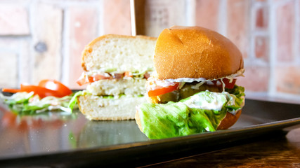 Meaty hamburger in a restaurant