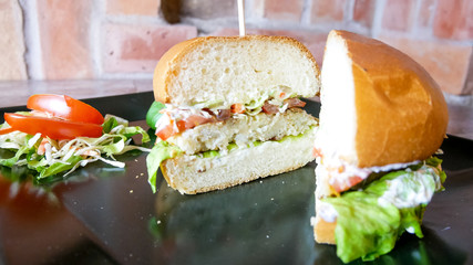 Meaty hamburger in a restaurant