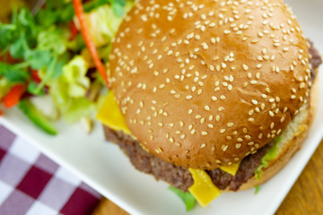 Meaty hamburger in a restaurant