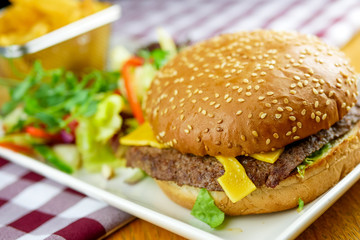 Meaty hamburger in a restaurant