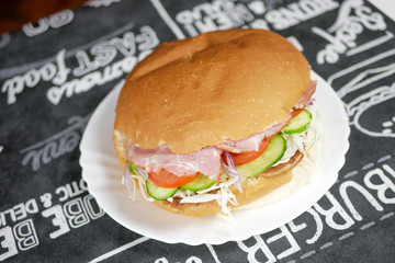 Meaty hamburger in a restaurant