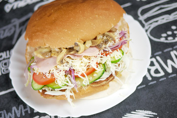 Meaty hamburger in a restaurant