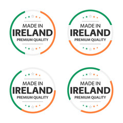 Set of four Irish icons, English title Made in Ireland, premium quality stickers and symbols, internation labels with stars, simple vector illustration isolated on white background