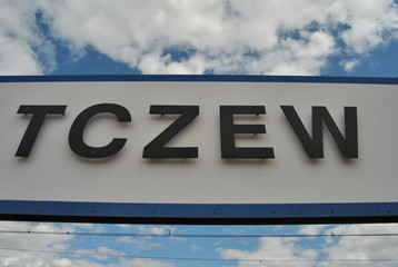 "Tczew" - city name, information sign on railway platform
