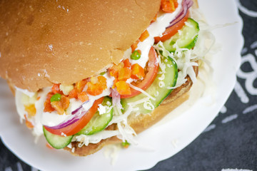 Meaty hamburger in a restaurant
