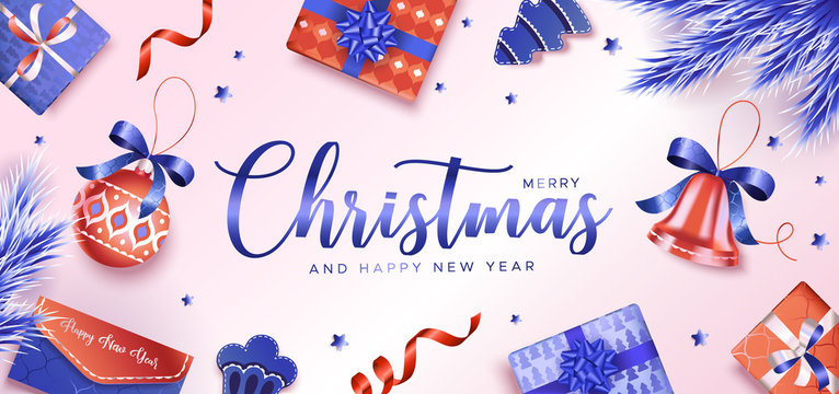Christmas background with gifts, blue pine branches and festive balls. Unique design for banner, poster or invitation
