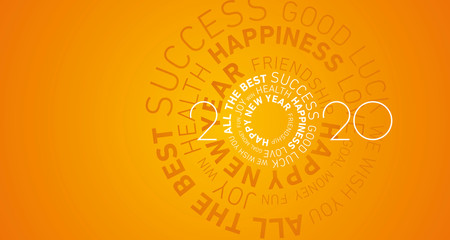 Happy New Year 2020 modern circle word cloud text white orange vector