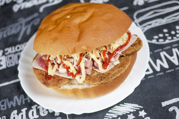 Meaty hamburger in a restaurant