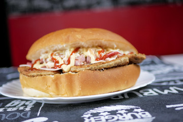 Meaty hamburger in a restaurant