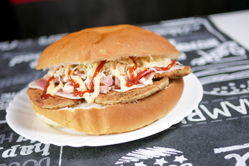 Meaty hamburger in a restaurant