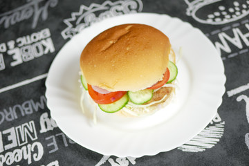 Meaty hamburger in a restaurant