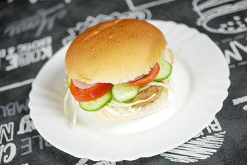 Meaty hamburger in a restaurant