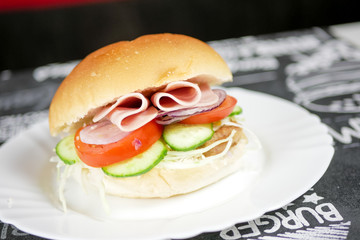 Meaty hamburger in a restaurant