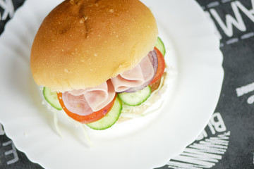 Meaty hamburger in a restaurant