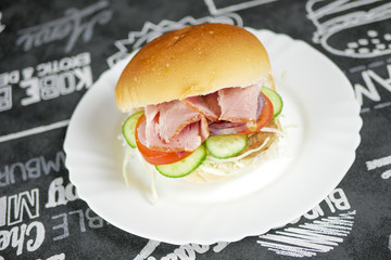 Meaty hamburger in a restaurant