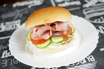 Meaty hamburger in a restaurant