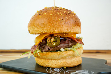 Meaty hamburger in a restaurant