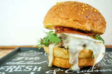 Meaty hamburger in a restaurant