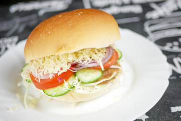 Meaty hamburger in a restaurant