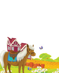 cartoon scene with horse having fun on the farm on white background - illustration for children