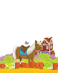 cartoon scene with horse having fun on the farm on white background - illustration for children