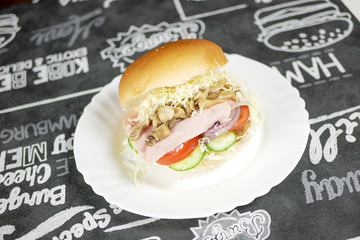 Meaty hamburger in a restaurant