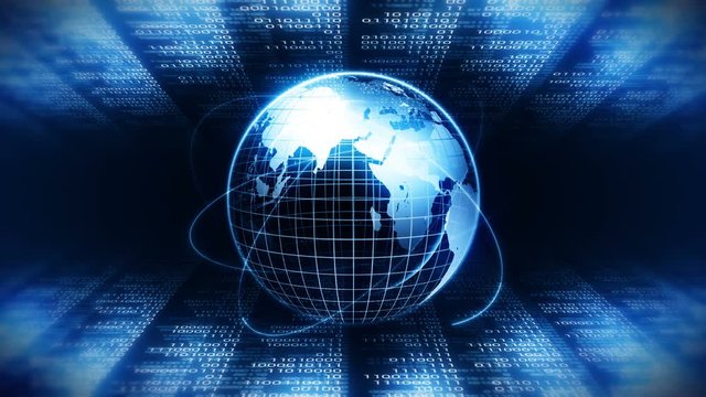 Planet earth with background of binary digits. Binary numbers around global earth. High tech technological loop animation. Number zero and one.