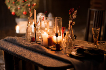 Obraz na płótnie Canvas new year's eve christmas tree table setting christmas decor winter snow