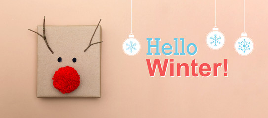 Hello winter message with a red nose reindeer gift box