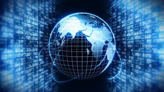 Planet earth with background of binary digits. Binary numbers around global earth. High tech technological loop animation. Number zero and one.