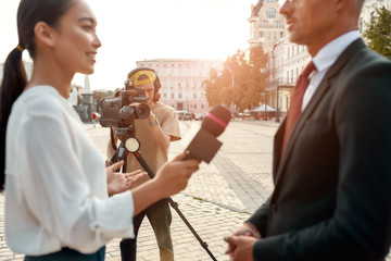 Now you know. Female journalist interviewing politician. Journalism industry, live streaming...