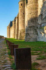 Medieval fortress Cite de Carcassonne in the morning rays of the sun. Carcassonne, France. 26 nov...