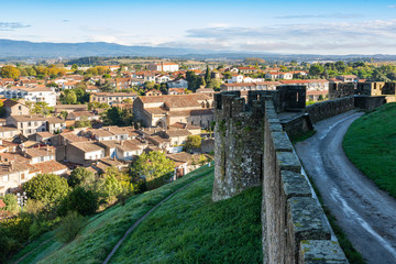 Fototapeta na wymiar Panoramic view of the city Carcassonne from the walls of the tower Cite de Carcassonne. France. 26 nov 2019
