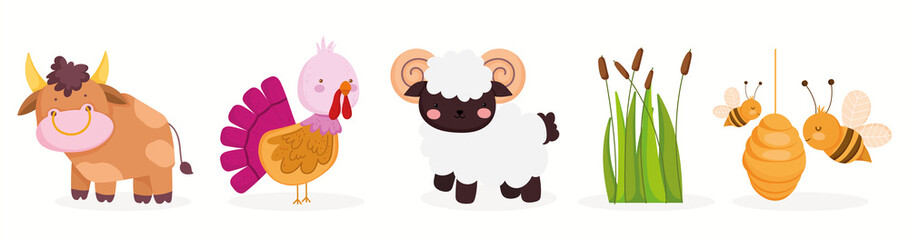 farm animals cute bull goat turkey bees plants