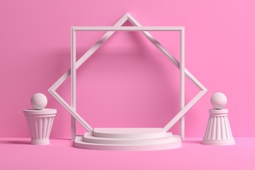 Romantic pink presentation mock up with empty blank space and abstract shapes - pedestals podiums, frames, pillars and balls spheres. 3d illustration.