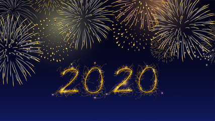 golden colorful firework set bursting in the blue sky at night in vector illustration. concept for background template for celebration in 2020 new year and Christmas festive seasonal