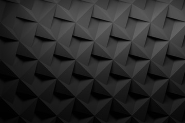 Low poly repeating geometric tile mosaic pattern with triangles squares and grooves in charcoal black color. 3d illustration.