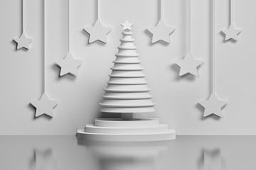 Concept white Christmas tree on a pedestal decorated with rings and large stars hanging on the wall. 3d illustration.