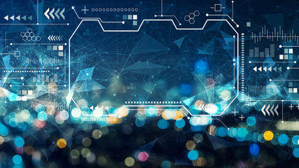 Technology screen with blurred city lights at night