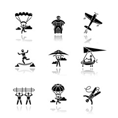 Air extreme sports drop shadow black glyph icons set. Skydiving, parachuting, hang gliding, wingsuiting. Aerobatics, highlining, paragliding. Giant swing, bungee jumping. Isolated vector illustrations