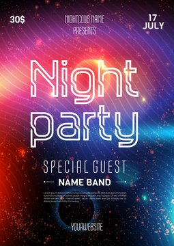 Club party flyer. Night starry sky. Blue space background. Party event decoration. Art design. Black party flyer. Music poster. Poster template vector design. Music show poster. Future style.